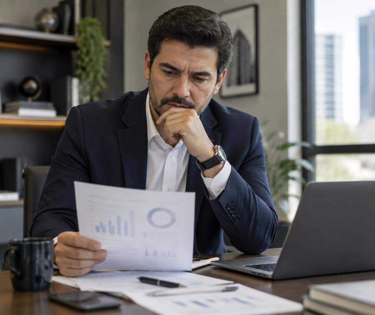Empresário analisando números com expressão pensativa em escritório