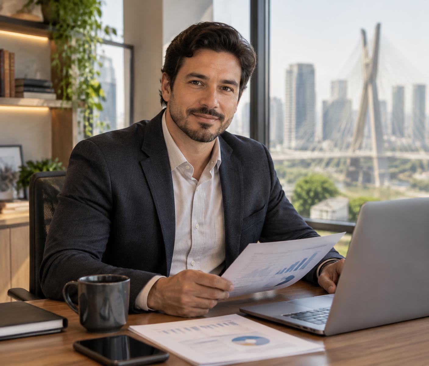 Empresário em escritório moderno analisando informações financeiras com tranquilidade
